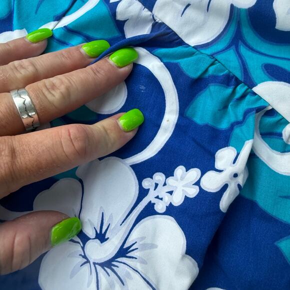 VTG Winnie Fashion Hawaiian Blue Tropical Floral Ruffle Hem Tulip Sleeve Dress L - Picture 7 of 11